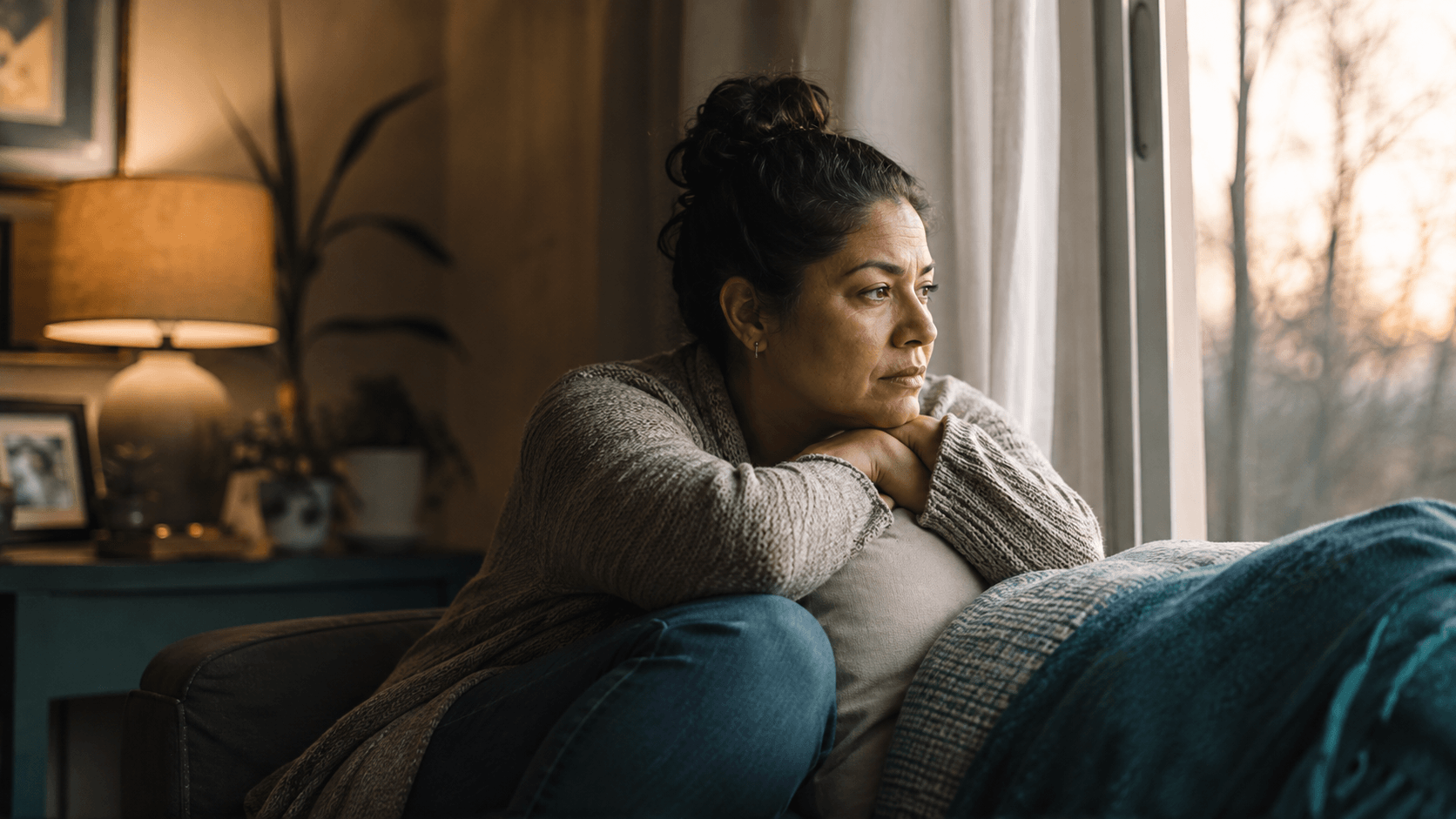 Adult sitting alone processing trauma and substance use struggles at home