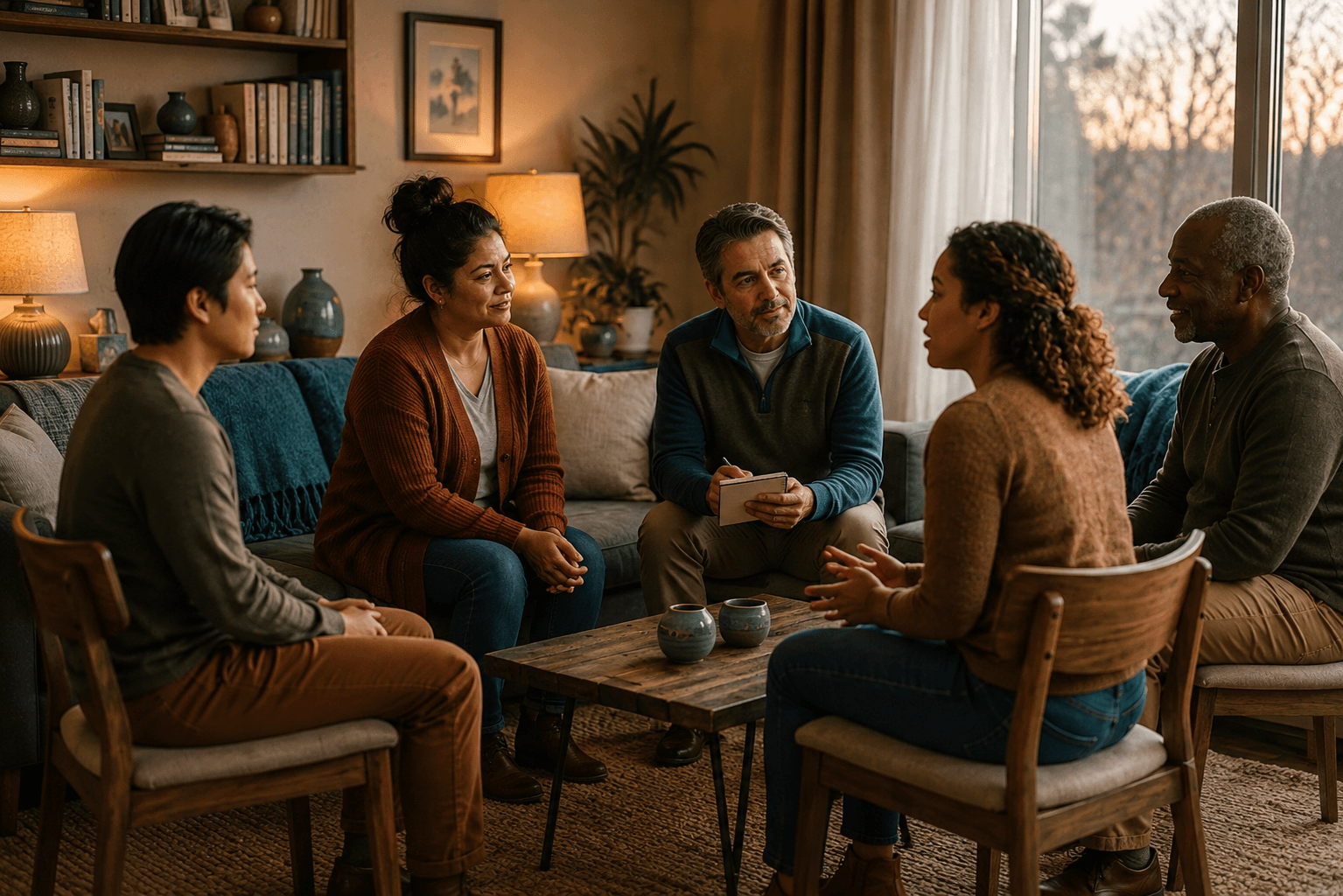 Trauma-informed group therapy session addressing PTSD and substance use together 