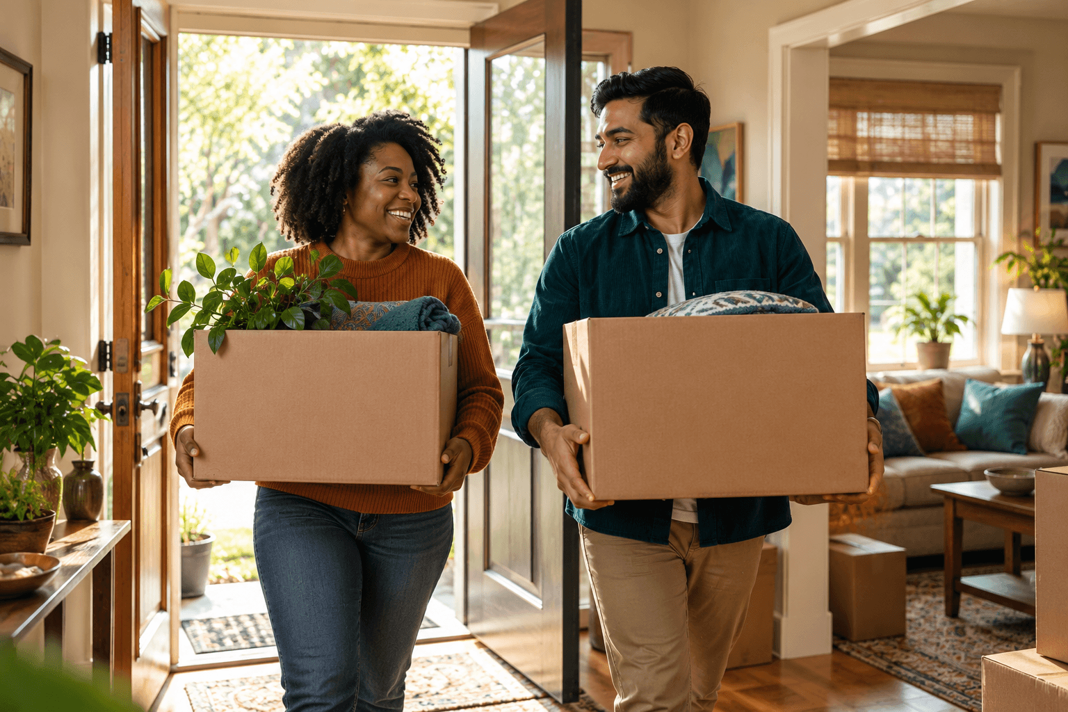 Adult moving belongings into a new sober living home with a supportive friend helping 