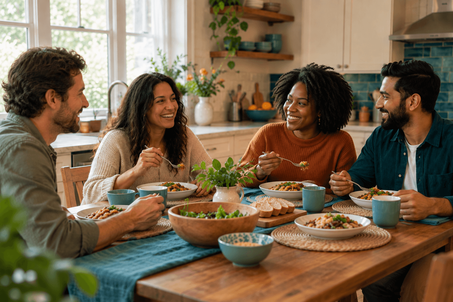 Group of housemates sharing a meal together in a sober living home kitchen 