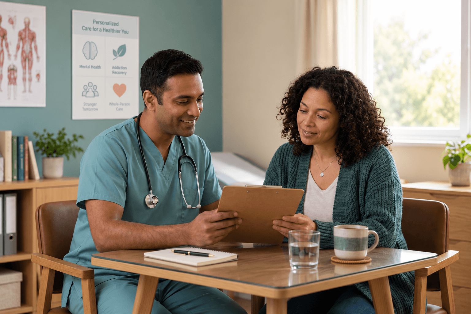 Provider and patient reviewing lab results during a medication-assisted treatment visit