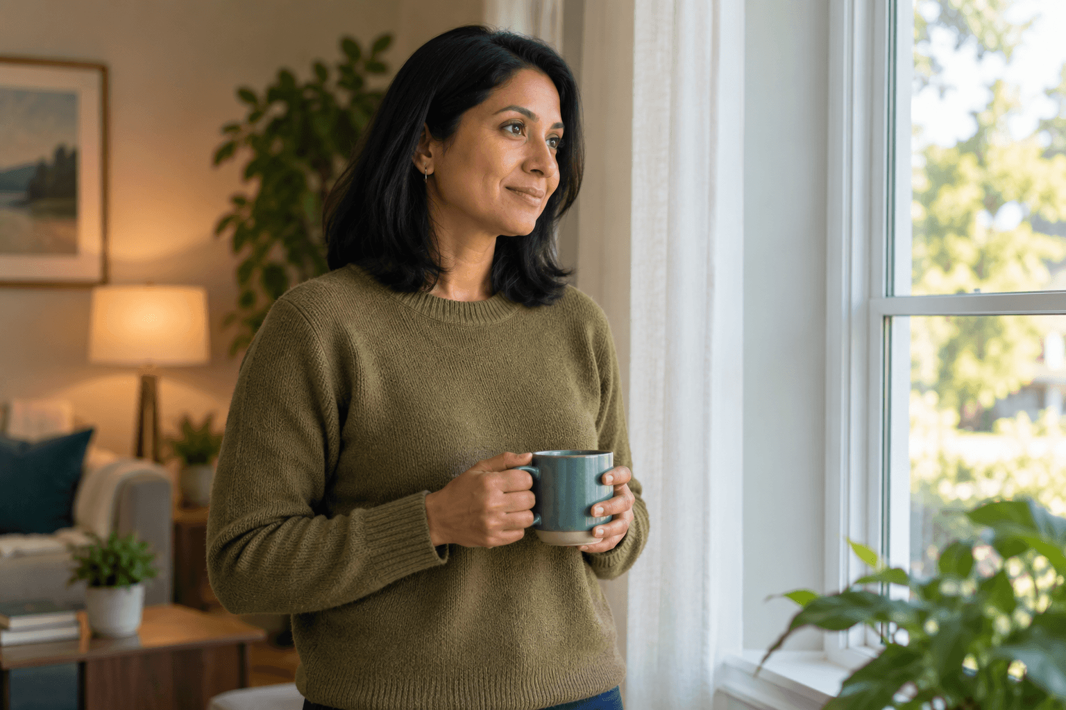 Adult looking out a window with a calm expression after completing a supervised taper