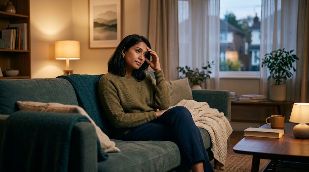 Adult sitting quietly on a couch during early Suboxone taper, processing discomfort
