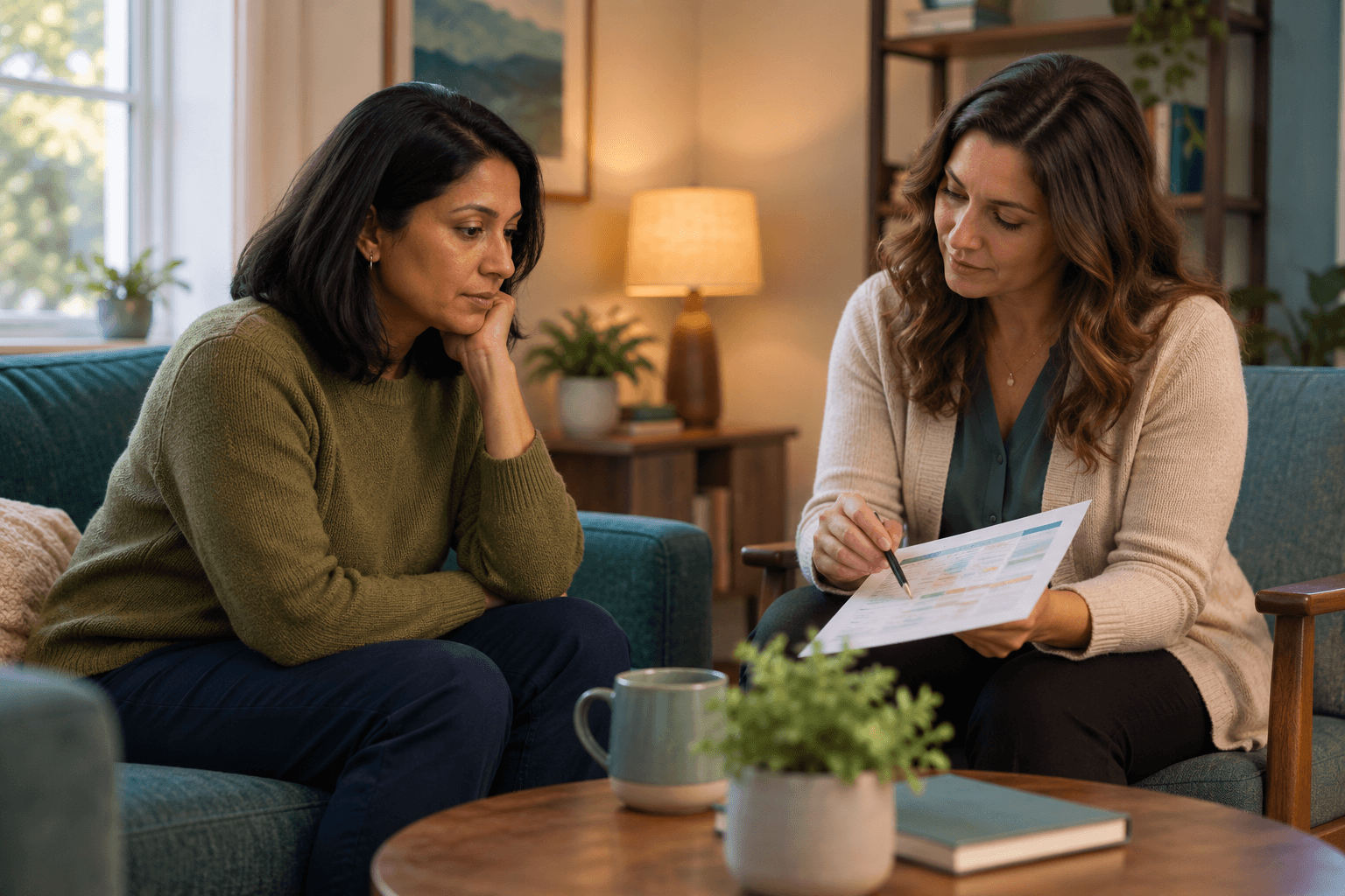 Clinician reviewing a taper schedule with a patient in a supportive outpatient setting