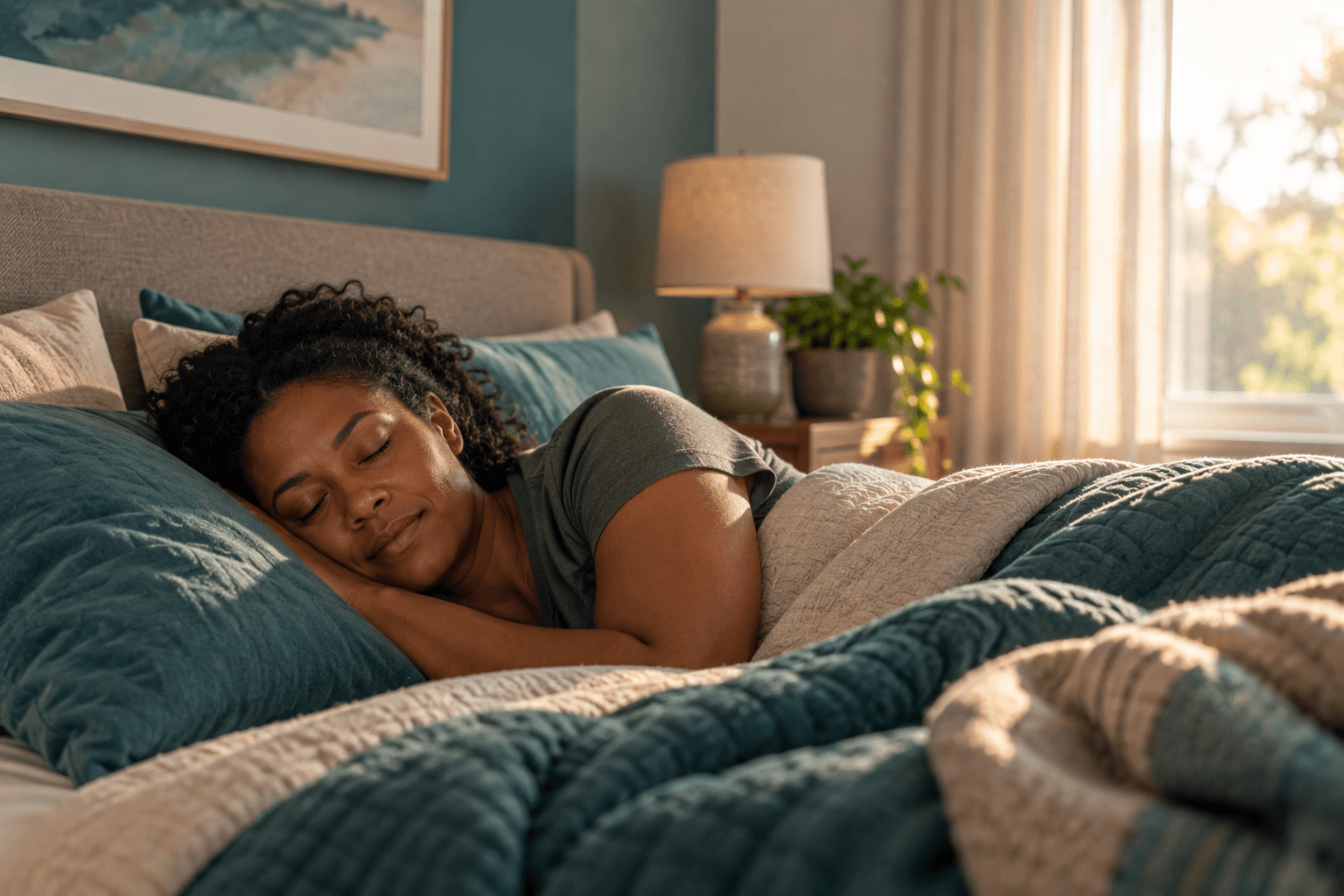 Adult sleeping peacefully with morning light coming through the window